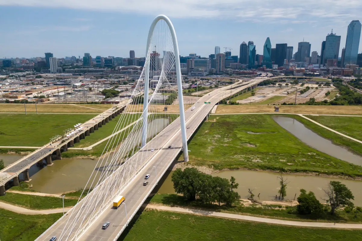 The Margaret Hunt Hill Bridge arching over the Trinity River